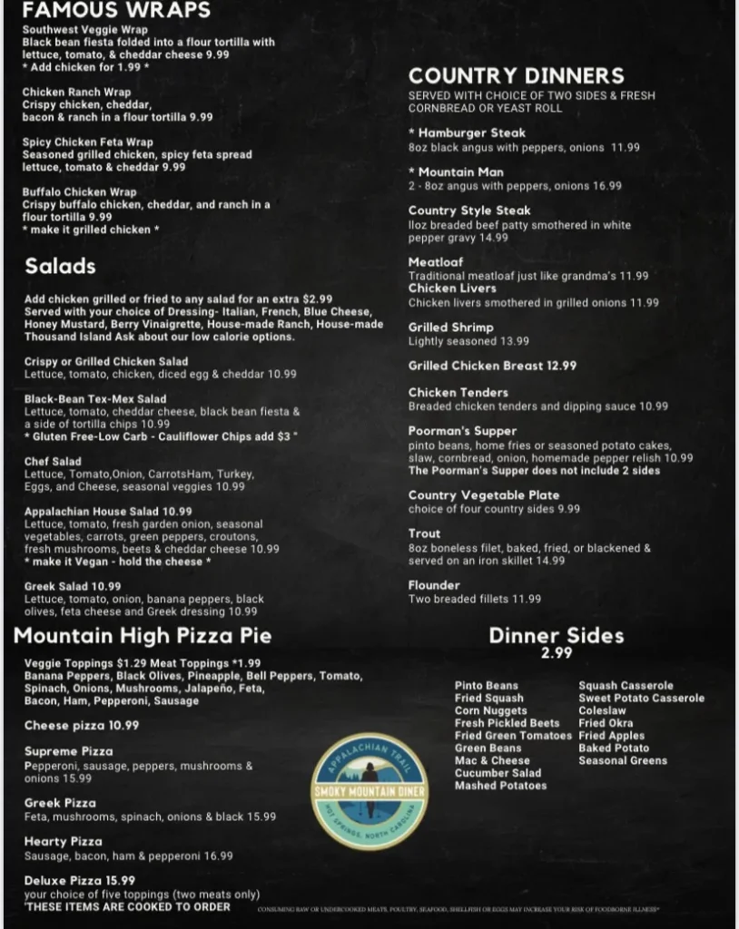 Smoky Mountain Diner menu