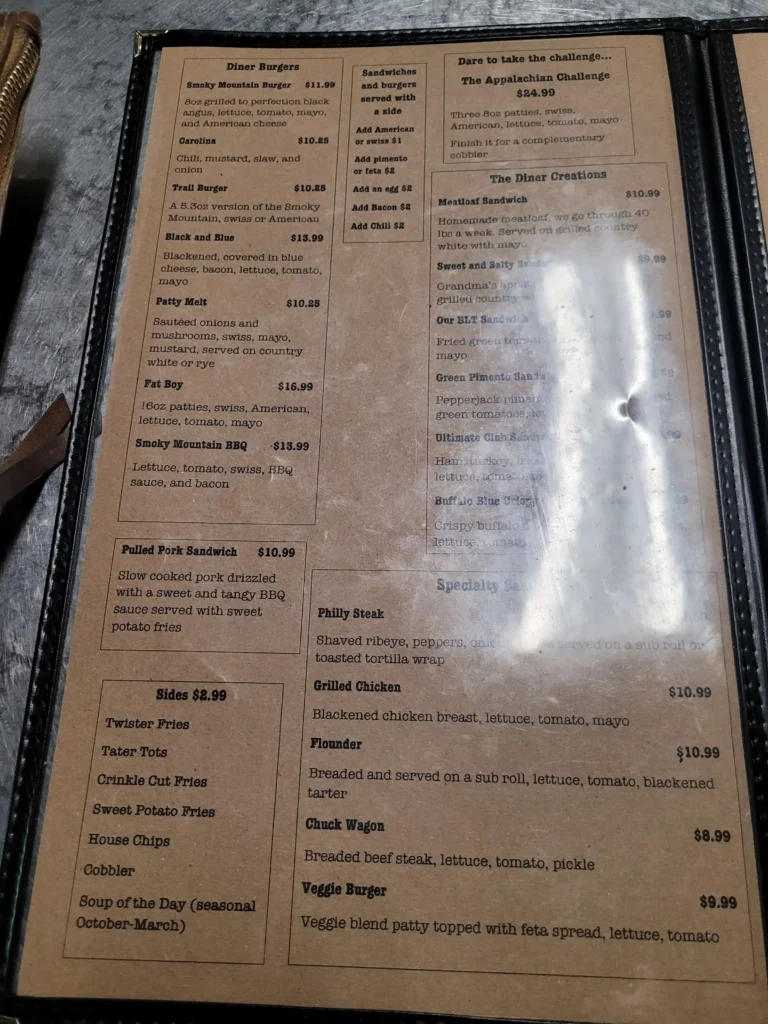 Smoky Mountain Diner menu