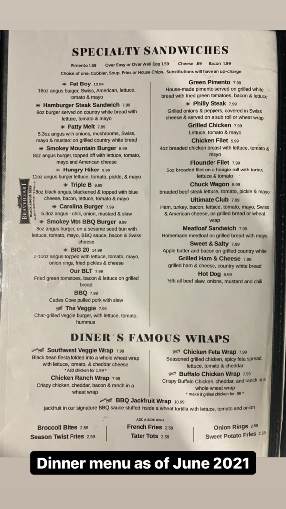 Smoky Mountain Diner menu