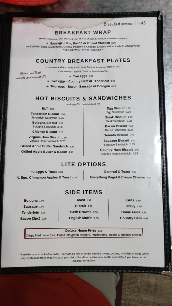 Smoky Mountain Diner menu
